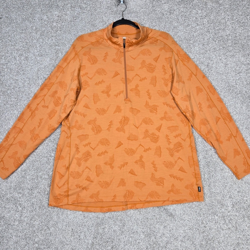 REI 1/4 Zip Womens 2XL orange printed merino wool base layer shirt lightweight